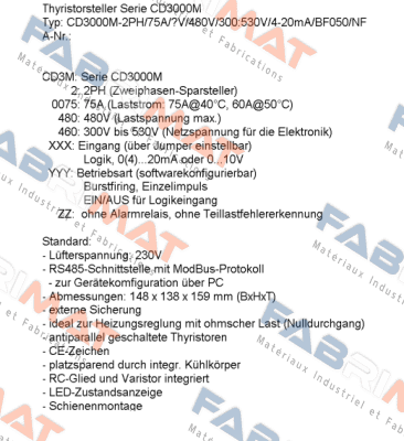 CD3000M 2PH/75A/480V/480V/300:530V/4-20mA/BF008/NF/IM CD AUTOMATION