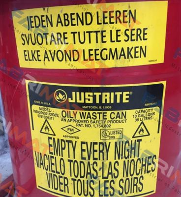 Both labels for OILY WASTE CAN PAT.NO. 1,754,802  Justrite
