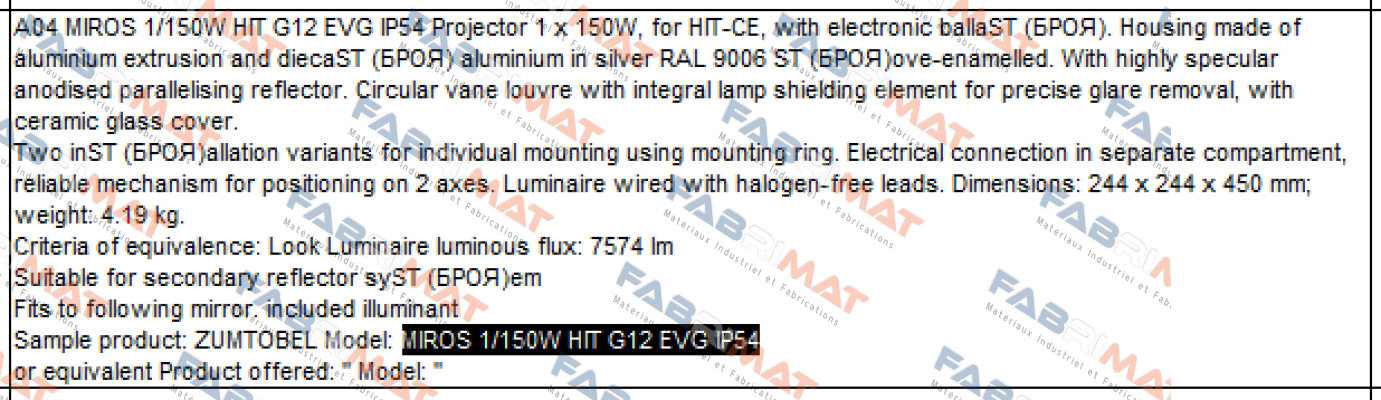 MIROS 1/150W HIT G12 EVG IP54  Zumtobel