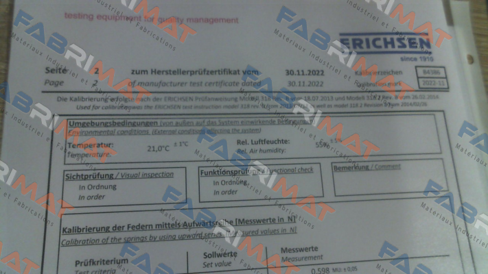 Calibration certificate for 00200131 Erichsen